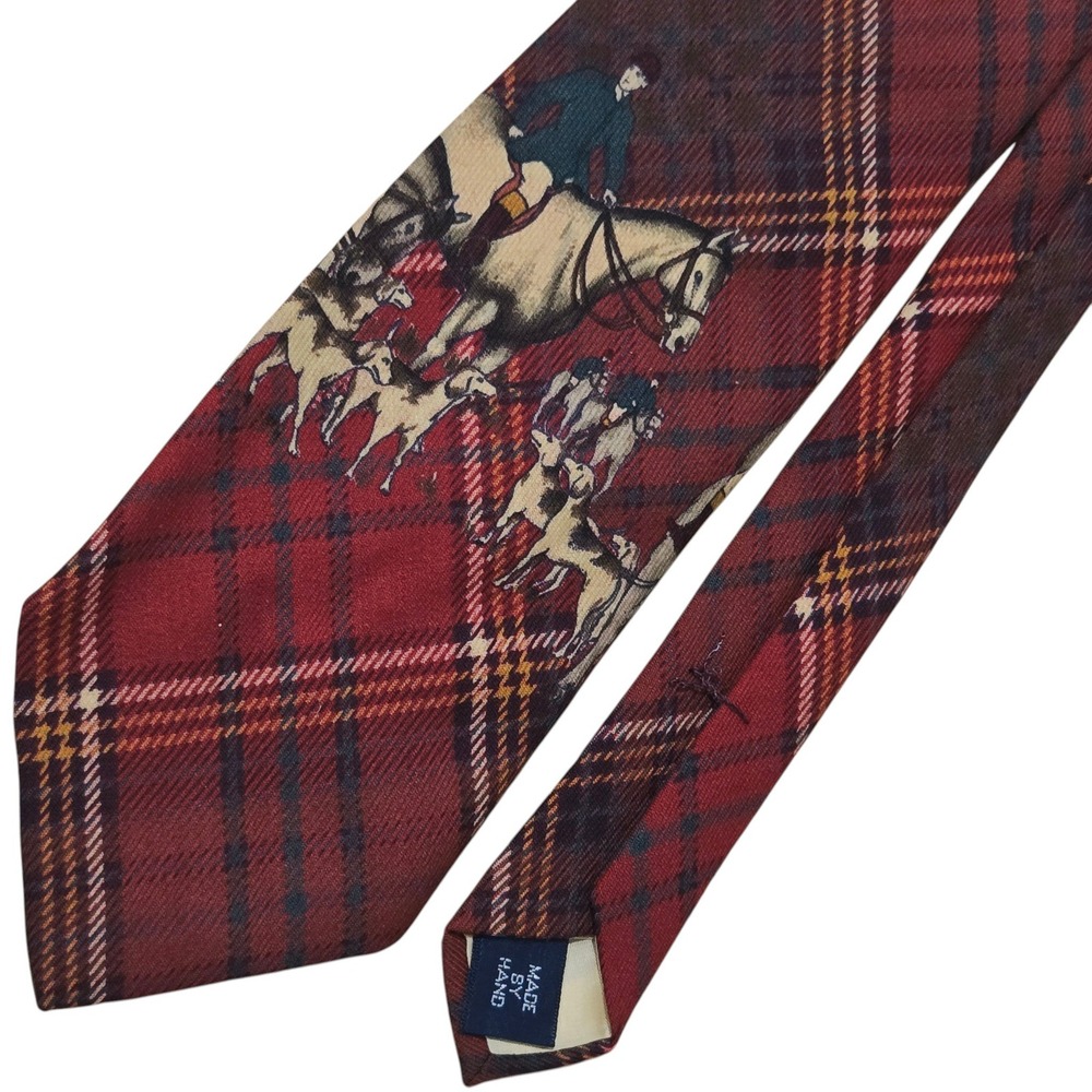Polo Ralph Lauren Necktie Mens Tartan Plaid Equestrian Fox Hunt Wool Made in USA